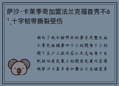 萨沙·卡莱季奇加盟法兰克福首秀不幸十字韧带撕裂受伤